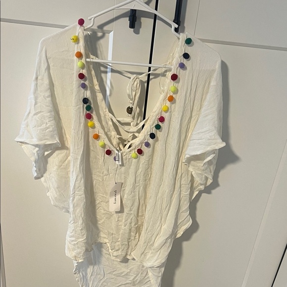 Francesca's Collections White Coverup with Colorful Pom-Poms - Picture 2 of 3